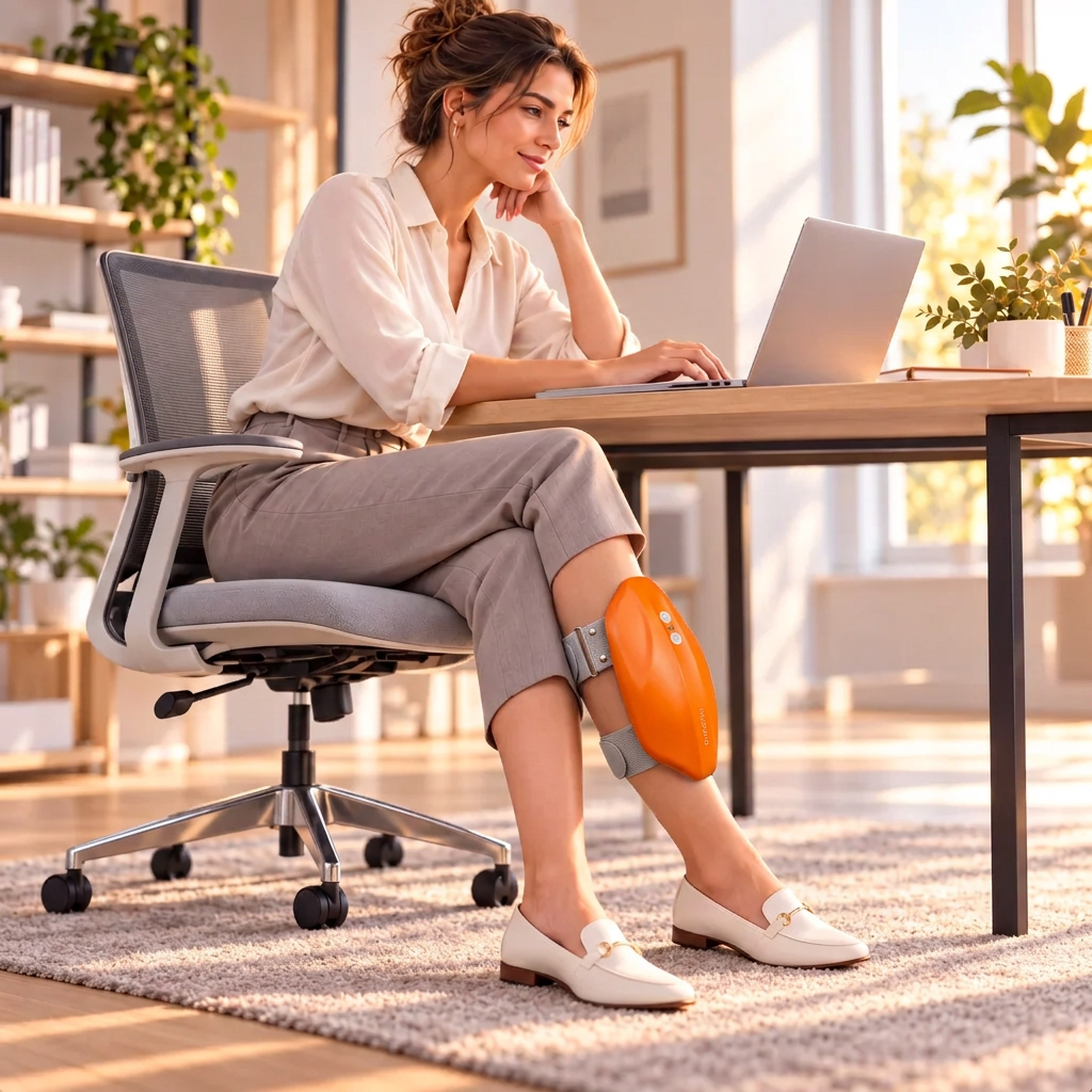 Woman working at a desk while wearing a calf recovery device