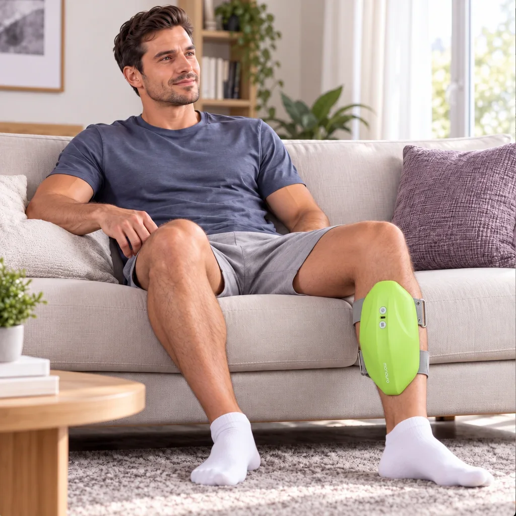 Man relaxing on a sofa while wearing a calf recovery device