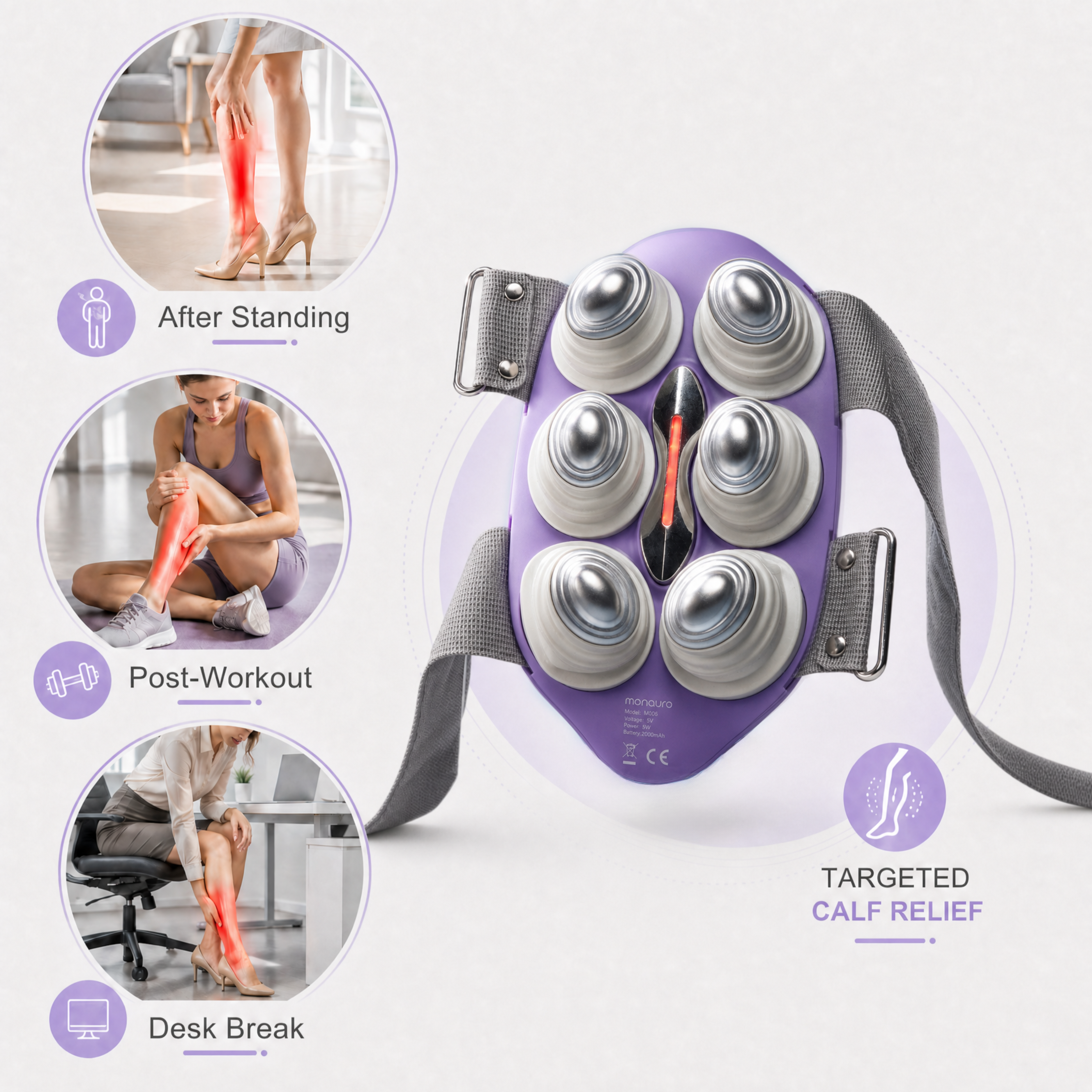 Purple MONAURO calf massager with after-standing, post-workout and desk-break scenarios